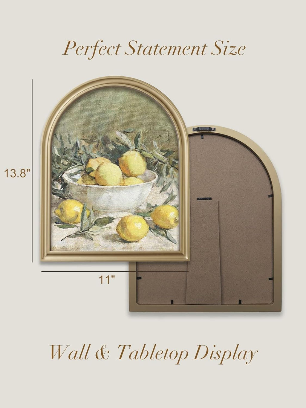 TwoDays Vintage Rustic Lemon Wall Art - Gold Arched Wood Frame Canvas Picture for Kitchen & Dining (11" x 13.8")