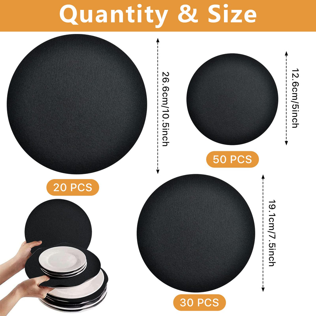 Aemygo 100 Pack Felt Plate Storage Dividers, Thick Felt Round Dish Storage Protectors Pads with 3 Sizes, Premium China Plate Separators for Packing Stacking Cookware, Black