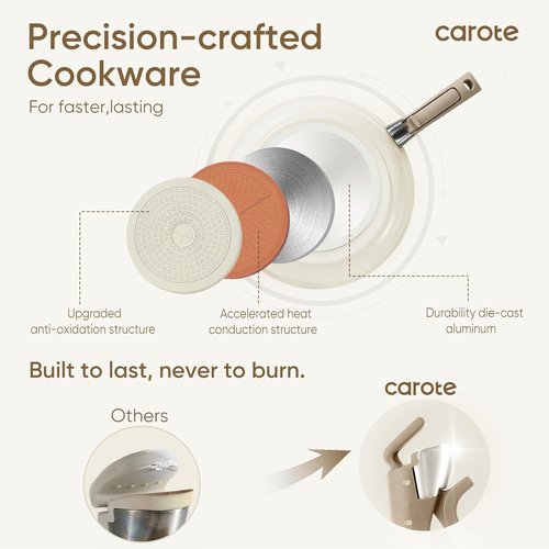 CAROTE 18-Piece Ceramic Cookware Set - Induction Nonstick Pots & Pans, Dishwasher Safe, Brown