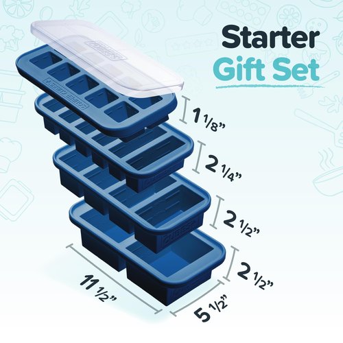 Souper Cubes Silicone Freezer Molds Gift Set with 2 Tbsp, 1/2, 1, and 2 Cup Silicone Freezer Trays With Lids - Meal Prep and Kitchen Essentials Bundle - Blueberry
