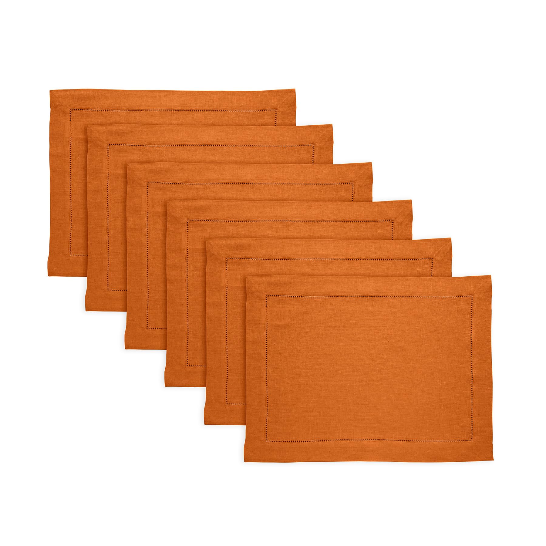 Solino Home Linen Cloth Placemats Set of 6-100% Pure Linen Hemstitch Pumpkin Placemats 14 x 19 Inch - Sonoma Hemstitch Table Place Mats
