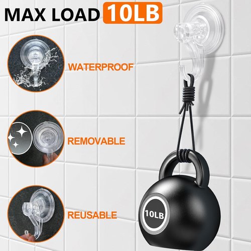 KORCCI Suction Cup Hooks - Heavy-Duty 10 LB Load, No Trace & Reusable | Clear for Bathroom & Kitchen - 2 Pack