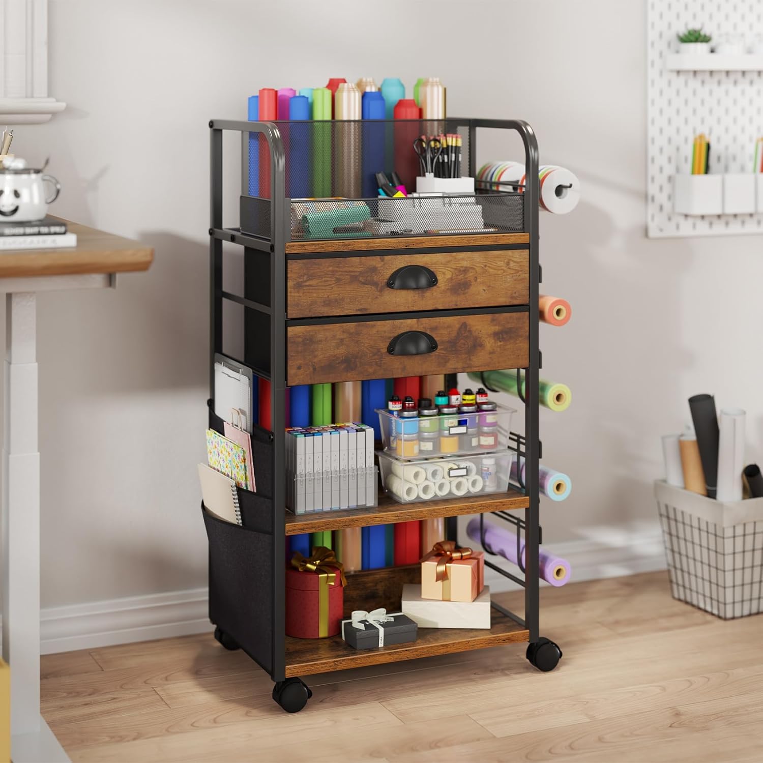 Wrapping Paper Storage Cart - Rolling Organizer with 2 Fabric Drawers & Side Pockets | Lockable Wheels for Gift Bags & Ribbons