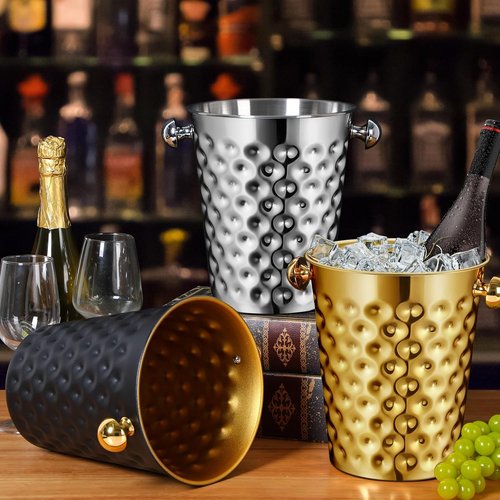 2 Pcs Gold Metal Champagne Ice Bucket 4.7 L Stainless Steel Doublewall Wine Ice Bucket for Bar, Party, Wedding, Banquet, Outdoor, BBQ(Hammer Texture)