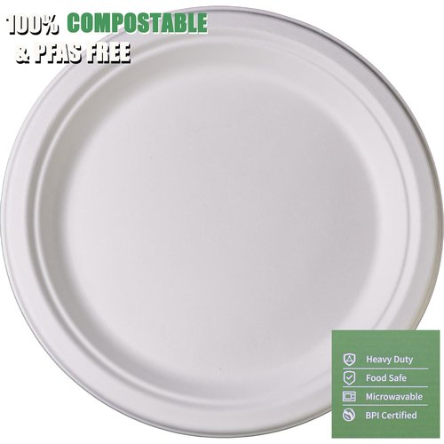 Greensoil 9 Inch Paper Plates - 50 Pack, Heavy Duty Disposable Plates, BPI Certified Compostable Plates for Dinner, Party, Wedding - Soak Proof, Cut Resistant, PFAS Free, Microwave & Freezer Safe