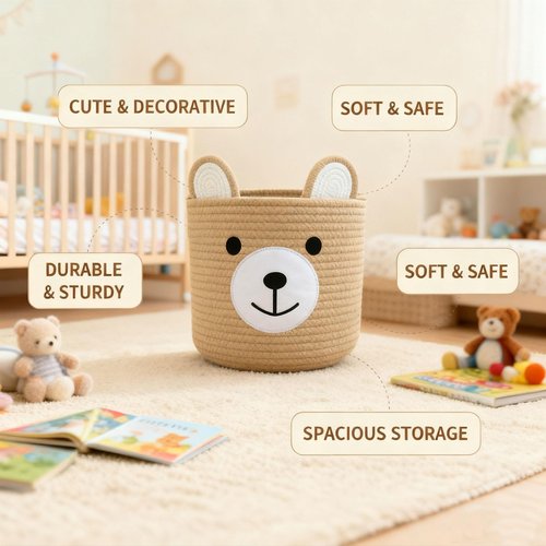 Saiiwnn Bear Basket for Nursery, Baby Shower Basket, Baby Baskets for Storage, Laundry Hamper, Storage Baskets for Children Kids Toy Plant Gift Indoor Corner 10" D x 8" H (Light Khaki)