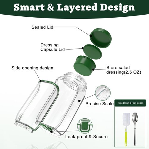 Laghura Salad Jar with Side Opening - Leakproof Portable Salad Container with Dressing Cup & Lid, Lid-to-Bowl Design, Dishwasher & Freezer Safe for for Office, Gym, Travel, Picnic, Green(4PCS)