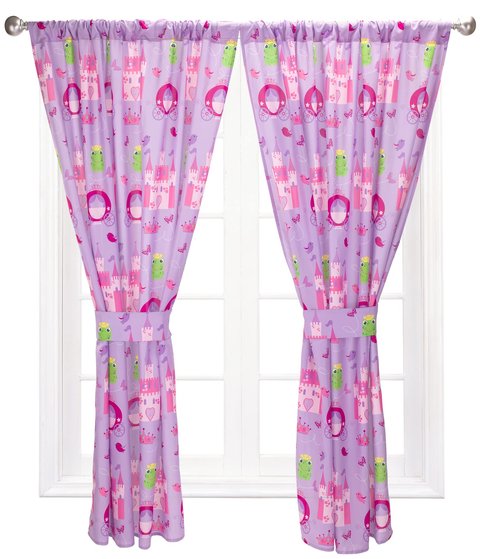 Pink Princess Drapes for Girls Bedroom Castles, Frogs and Chariots; 4-Pc Princess-Themed Kid Curtains with 2 Panels 82" x 63" Total Size and 2 Tiebacks; Fairyland Classroom and Nursery Curtains