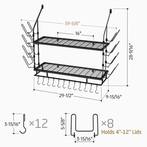 KES 30-Inch Pot Rack Wall Mounted with 8 Secure Lid Holders & 12 Sturdy Hooks, 2-Tier Kitchen Hanging Pot and Pan Organizer, Ample Storage for Tall Cookware, KUR215S75C-BK