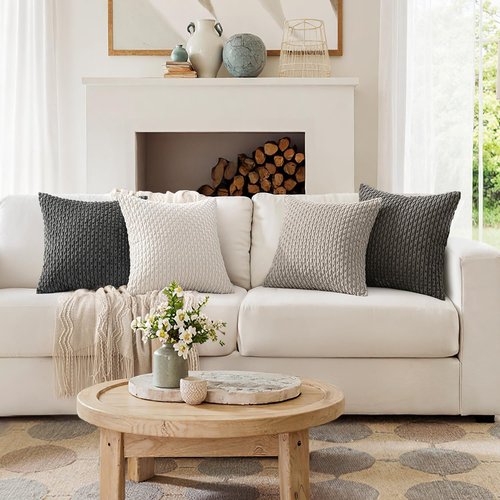 MIULEE Decorative Throw Pillow Covers - Soft Corduroy Striped Design | Set of 4, 18x18 Inch, Neutral Grey
