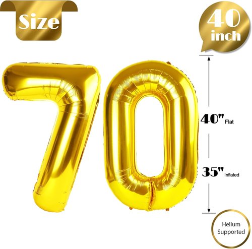 Gold Number 70 Balloon - 40 Inch Metallic Decoration for 70th Birthday Celebrations