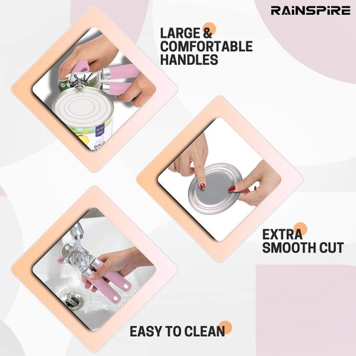 Rainspire Can Opener Manual Handheld Strong Manual Can Opener Smooth Edge Cut, Can Opener Heavy Duty, Comfortable Soft Handle, Built-in Bottle Opener, Pink