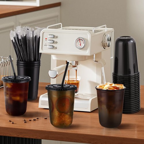 tchrules 50 Set 16oz Black Plastic Cups with Lids & Straws, Disposable Iced Coffee Cup with Lid, Round Bottom Plastic To Go Cups for Cold Drinks Slushie Smoothie Lemonade Soda Bar Party Shop Supplies