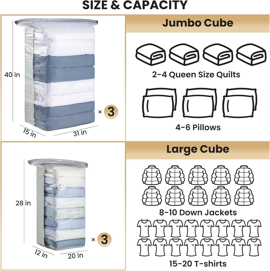 TAILI Vacuum Storage Bags - 6 Pack Combo (3 Jumbo + 3 Medium) for Bedding & Clothing Organization