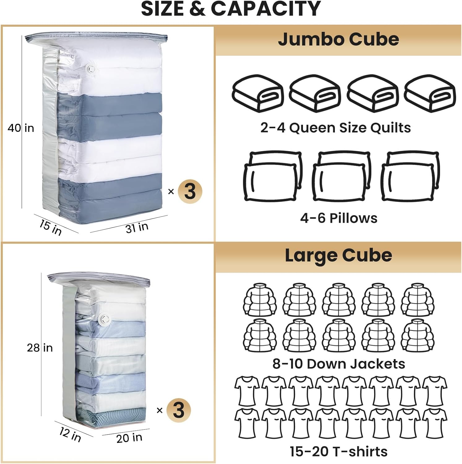 TAILI Vacuum Storage Bags - 6 Pack Combo (3 Jumbo + 3 Medium) for Bedding & Clothing Organization