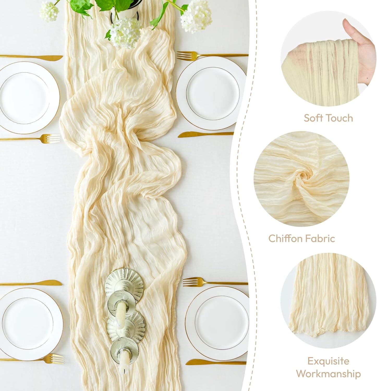 Sioloc Beige Cheesecloth Table Runner - Soft Gauze Boho Decor for Spring Events | 120'' x 35''
