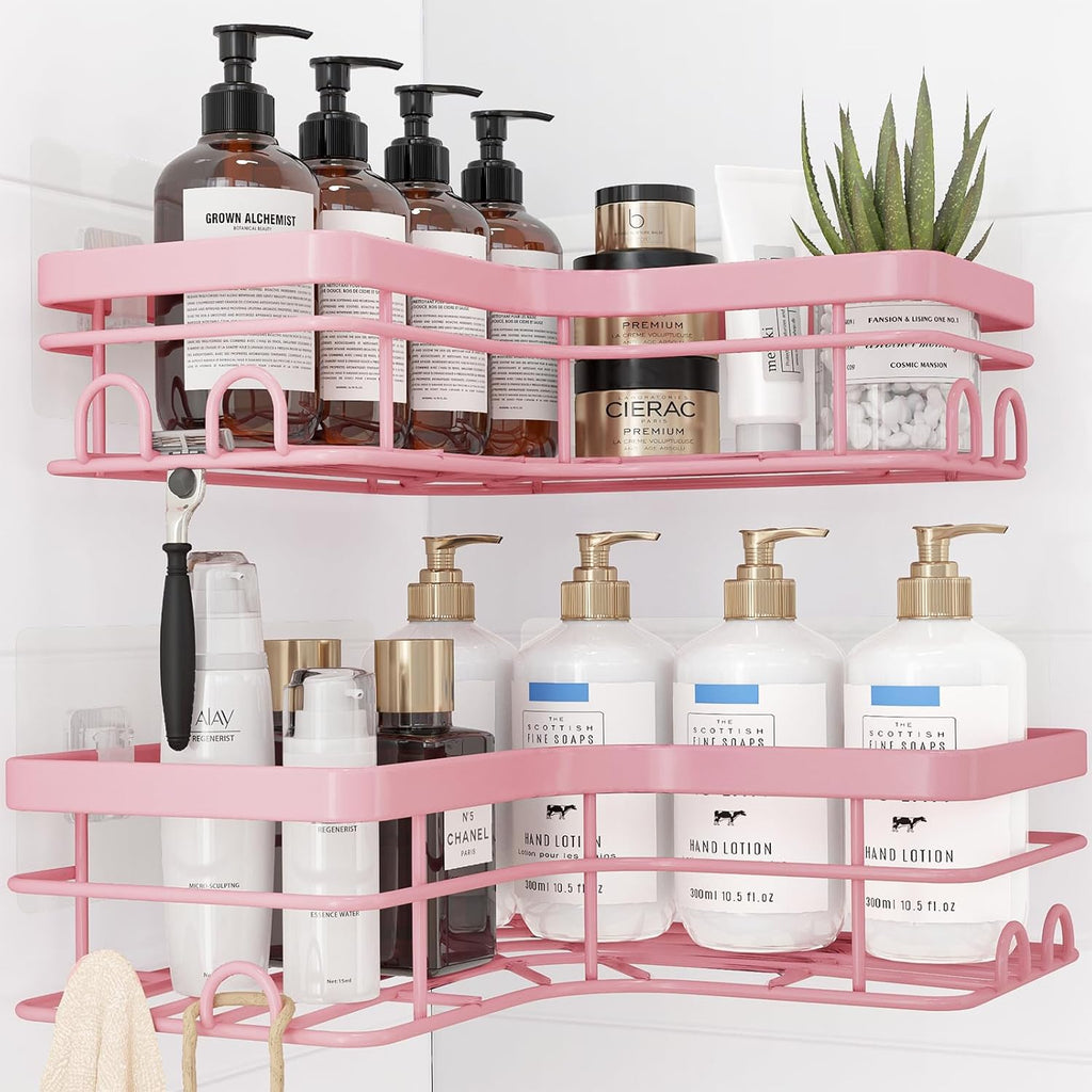 Sakugi Corner Shower Caddy - Rustproof Stainless Steel Organizers with 8 Hooks | No-Drill, Space-Saving Design, Pink, 2 Pack