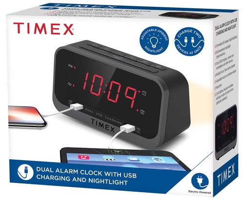 Timex Bedside Alarm Clock with Dual USB Charging, Dual Alarm, Nightlight, Snooze bar, and Battery Backup (T1300)