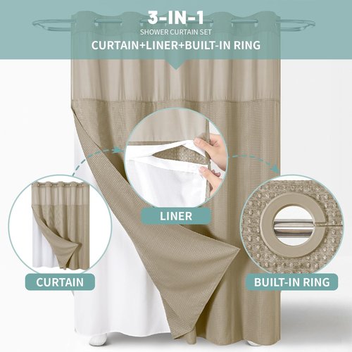 eachope Khaki No Hook Waffle Weave Shower Curtain with snap-in Liner Replacement, 230GSM Waterproof Fabric Hotel Shower Curtain Set for Bathroom, Through Mesh Top Window,71Wx74H