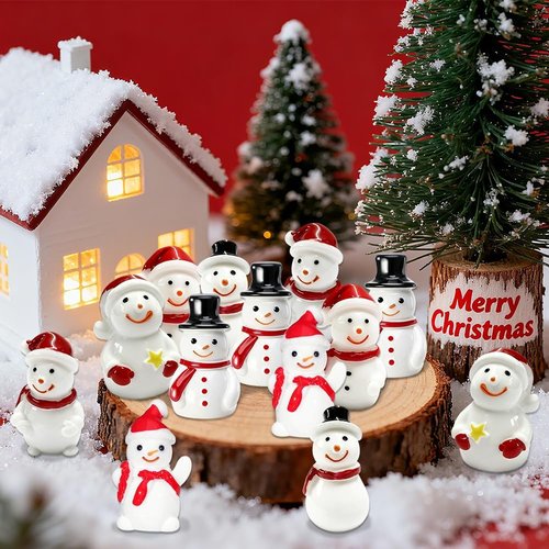 AWEELON Mini Snowman Figurines - 48 Pcs Tiny Resin Christmas Decorations for DIY Crafts | 6 Styles