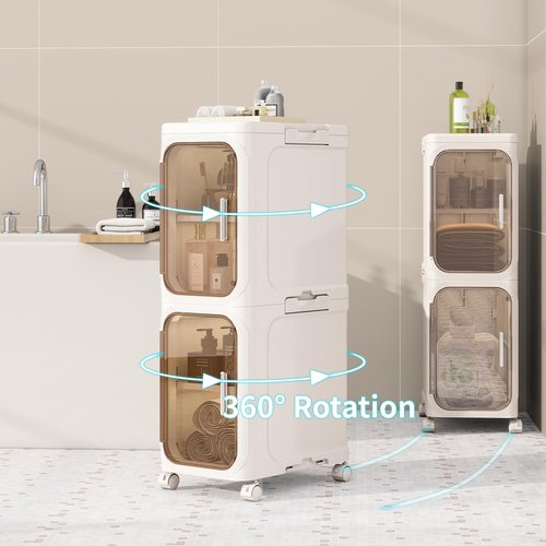 KHNR 4-Tiers Slim Bathroom Storage Cabinet, Foldable Storage Cabinets,Narrow Bathroom Storage,Movable Bathroom Storage Organizer for Small Spaces,Bathroom,Kitchen,Laundry,Cream White