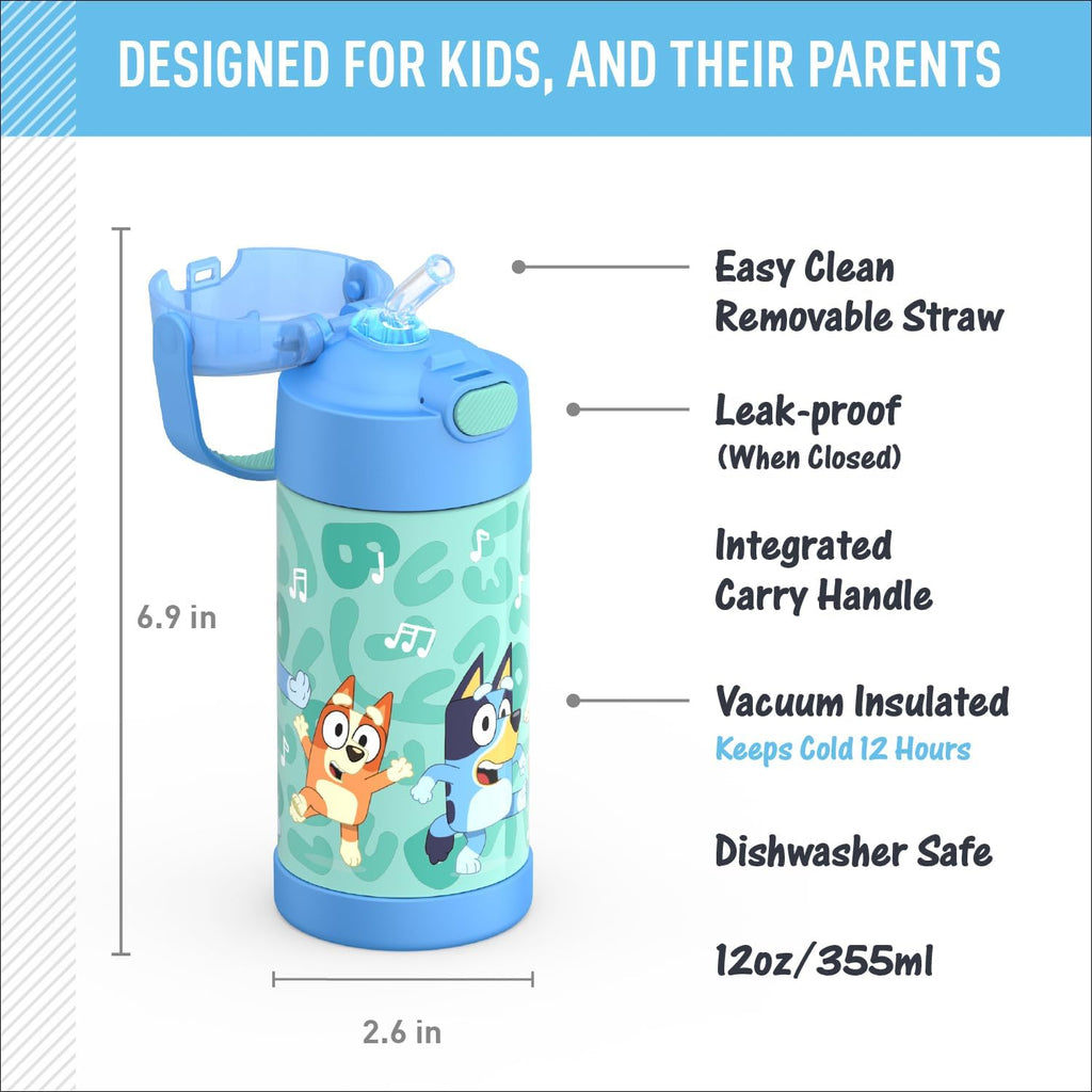 THERMOS FUNTAINER Water Bottle - 12 Ounce Kids Stainless Steel Vacuum Insulated with Straw - Bluey Design