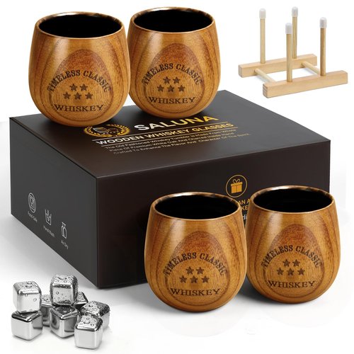 SALUNA Bourbon Glasses Set of 4 - Charred Wooden Bourbon Drinking Glass 4 Pack 10 Oz, Whiskey Glasses Set 4 with Drain Rack and Metal Ice Cubes, Bourbon Gifts for Men, Dad on Birthday Anniversary