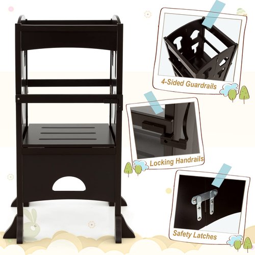 Costzon Toddler Tower, Foldable Kids Kitchen Step Stool w/Safety Rail, Height Adjustable Wood Standing Tower for Toddlers, Montessori Child Tower for Bathroom, Kitchen Counter
