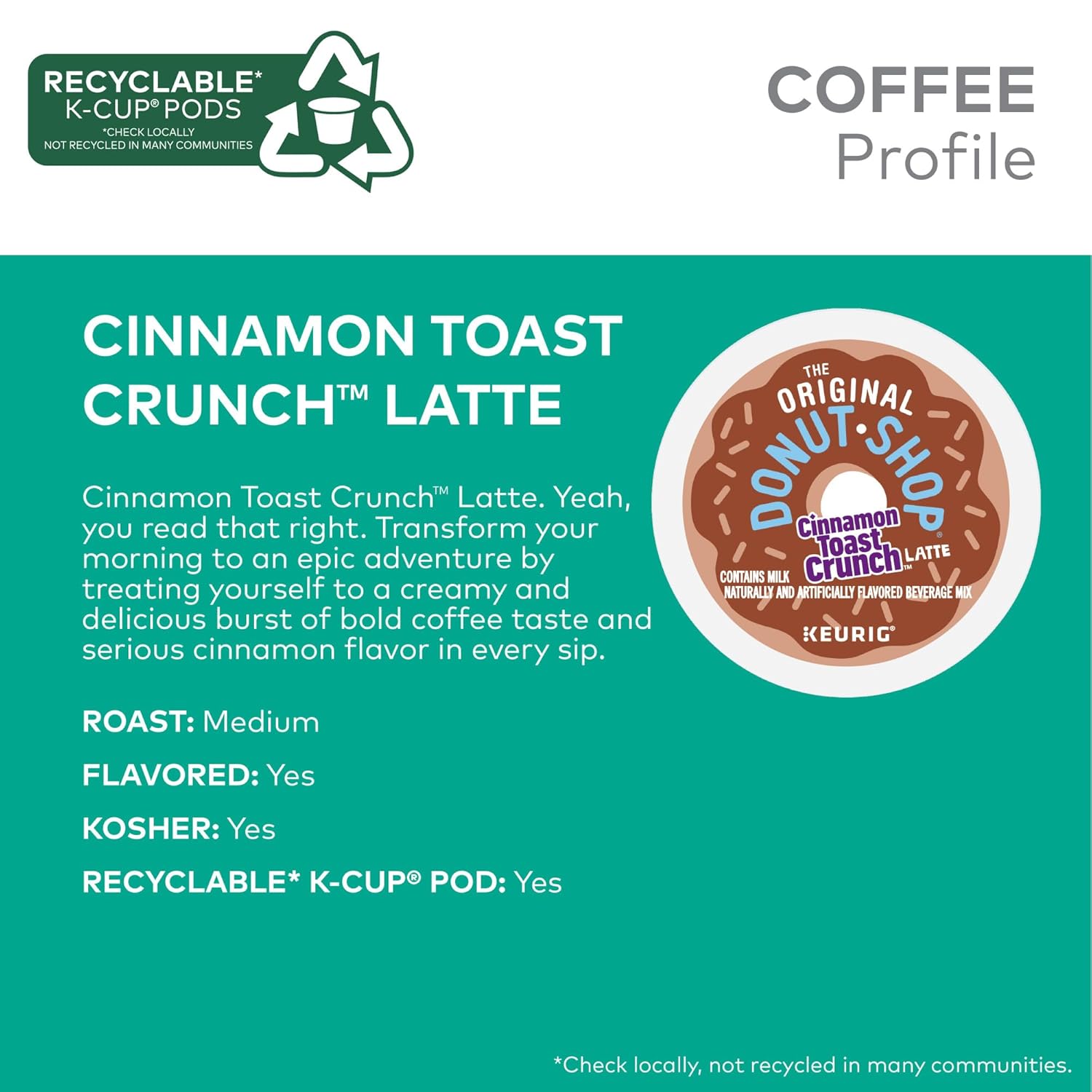 Original Donut Shop Cinnamon Toast Crunch Latte K-Cup Pods - One-Step Brewing, 60 Count (6 Packs of 10)