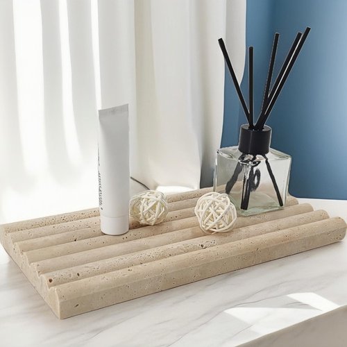 Jusmioke Natural Travertine Marble Tray for Bathroom Countertop Organizer,Vanity Decorative Stone Tray for Candles, Perfume, Jewelry Dish Ring Tray (Beige)