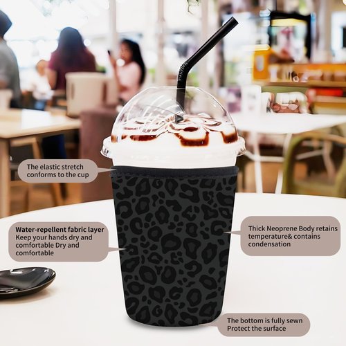 AUEKLLW 3 Pack Reusable Neoprene Insulator Sleeve for Iced Coffee Cups, Funny Coffee Cup Sleeves for 16-32oz Coffee cups, Cute Drink Sleeve for Cold Hot Beverages Cute Black Leopard