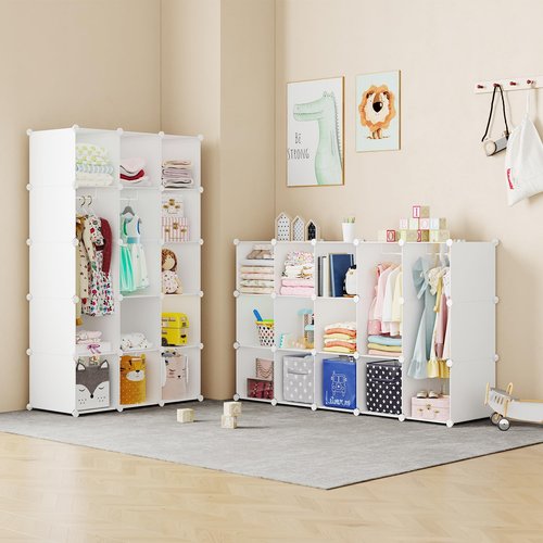 deijiner Modular Baby Wardrobe Closet, Portable Children Organizers and Storage for Nursery,15 Cubes with Hanging Rods,Multi-Functional Kids Storage Shelf-Bedroom Clothes Armoire (Boys & Girls)