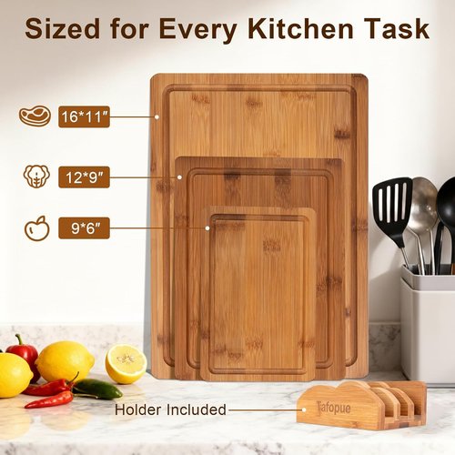Bamboo Cutting Board Set by [Brand Name] - Durable Kitchen Boards with Juice Groove & Grip Handle | Space-Saving Design