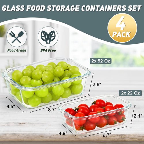 KOMUEE 4 Pack 52oz+22oz Glass Food Storage Containers Set with Airtight Lids, BPA-Free & Leak Proof, Ideal for Meal Prep, Freezer, Microwave, Oven and Dishwasher Safe