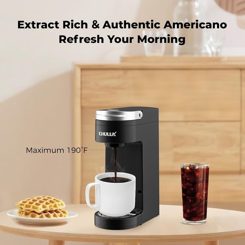 CHULUX Slim Single Serve Coffee Maker - Compact K Cup Pod Machine for Dorm, RV, Office & Travel - Matte Black