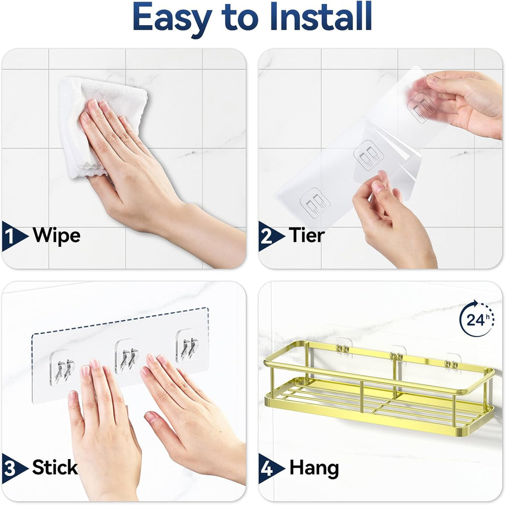 YASONIC Shower Caddy - No Drill Bathroom Organizer with Removable Hooks & Soap Holder | Rust Proof, 3 Pack, Gold