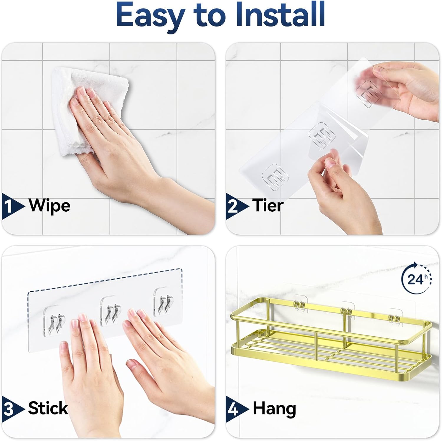 YASONIC Shower Caddy - No Drill Bathroom Organizer with Removable Hooks & Soap Holder | Rust Proof, 3 Pack, Gold