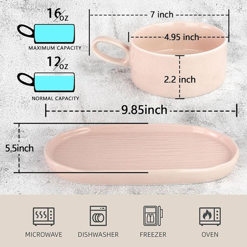 Artena Soup and Sandwich Plate Combo - 16 oz Ceramic Bowls with Handles & 9.85-inch Glazed Plates | Soft Pink