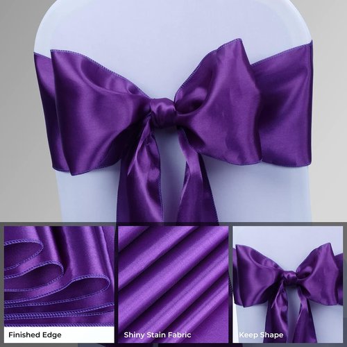 Babenest Satin Chair Sashes - 50 Pcs Upgraded Ribbons & Bows for Weddings, Parties & Events | Purple