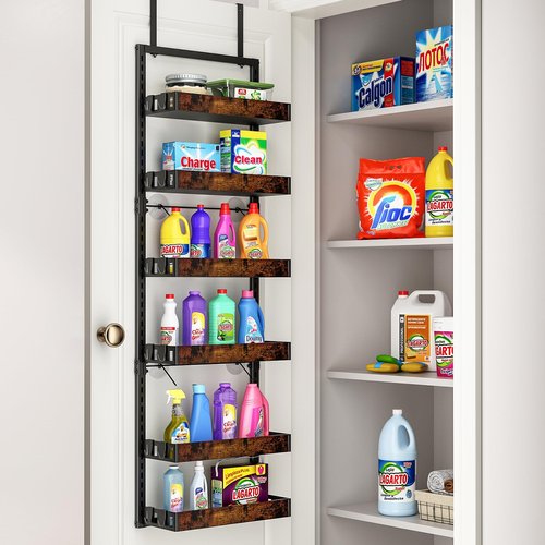 bukfen Over the Door Pantry Organizer, 6-Tier Adjustable Wooden Basket Kitchen Pantry Door Organization and Storage, Heavy-Duty Metal Hanging Kitchen Spice Rack, D6.3 x W17.71 x H50.60 inch, 1 Pack