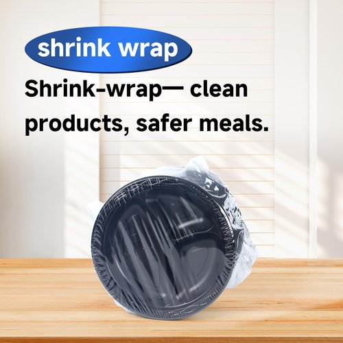 EKOSAVOR Plastic Plates 10" 150 Pack - Shrink Wrapped BPA Free Mineral Filled PP | Microwave & Dishwasher Safe | Heavy Duty Non permeable Party Plate | Black Commercial 3 Compartment Disposable Trays