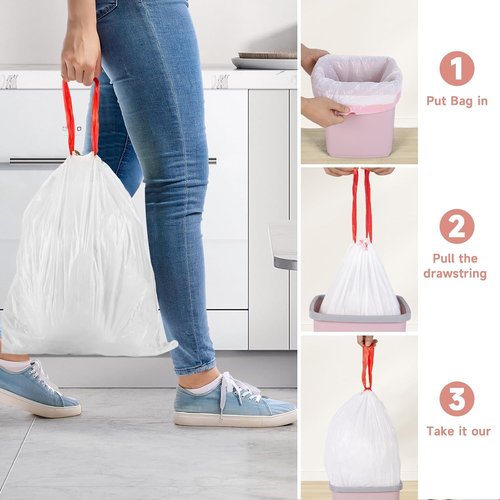 Magesh 2 Gallon Drawstring Trash Bags - Strong White Mini Garbage Bags, 60 Count for Kitchen & Bathroom