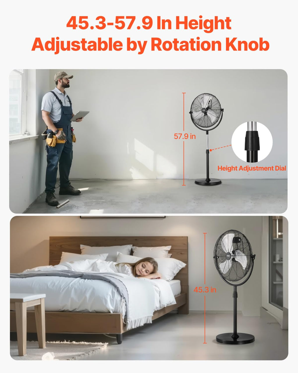 VEVOR Industrial Pedestal Fan, 16 Inch 75-Degree Oscillating Fan, Height Adjustable Standing Fans with 3 Adjustable Speeds, High Power Floor Fans for Office, Copper