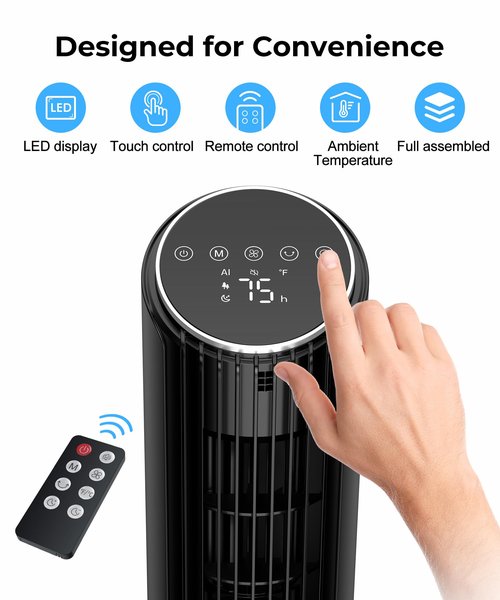 Abolee Tower Fan, 23ft/s Desk Fan with Remote, 70° Oscillating, Standing Table Fan with 4 Speeds, 4 Modes, 12Timer, 2026 New 13'' Bladeless Fan for Bedroom Office, Home