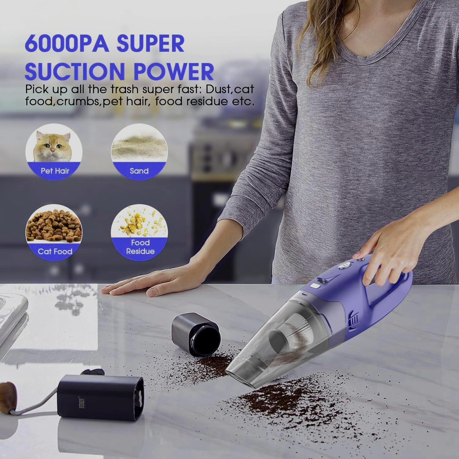 YOOHI Cordless Handheld Vacuum – 6000Pa Mini Cleaner with LED Light, 20-25 Min Runtime, USB Charging, 500ML Capacity
