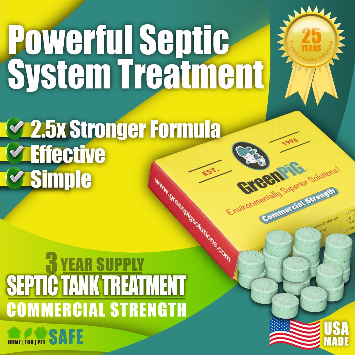 Green Pig Septic Tank Treatment Pucks – Enzyme & Bacteria-Based Treatment for Preventative Septic Maintenance, Helps Reduce Odors & Buildup, 3-Year Supply (18 Pucks)