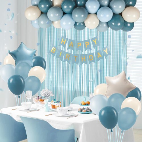 Blue Birthday Decorations for Men with Sand White Light Slate Dusty Blue Balloons Happy Birthday Banner Light Blue Fringe Curtains for Birthday Party Decorations