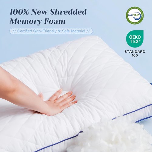 Mosluna Shredded Memory Foam Pillows Queen Size Set of 2, Soft Bed Pillow for Side and Back Sleepers, Medium Firm Pillows 2 Pack with Gusset(20"x30")