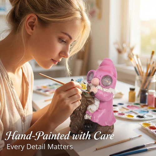 iStatue Solar Highland Cow Garden Statue - Animated LED Goggles, 8.7" Pink Resin Gnome with Moving Eyes