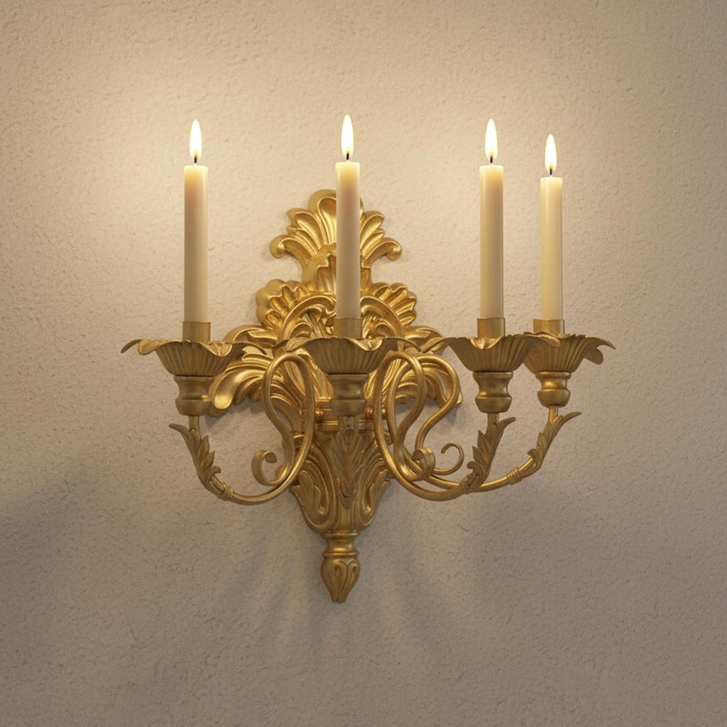 Roman Fountain Wall Sconce - 4-Candle Gold Baroque Candelabra | Antique Metal Tapered Candle Holder for Victorian Decor